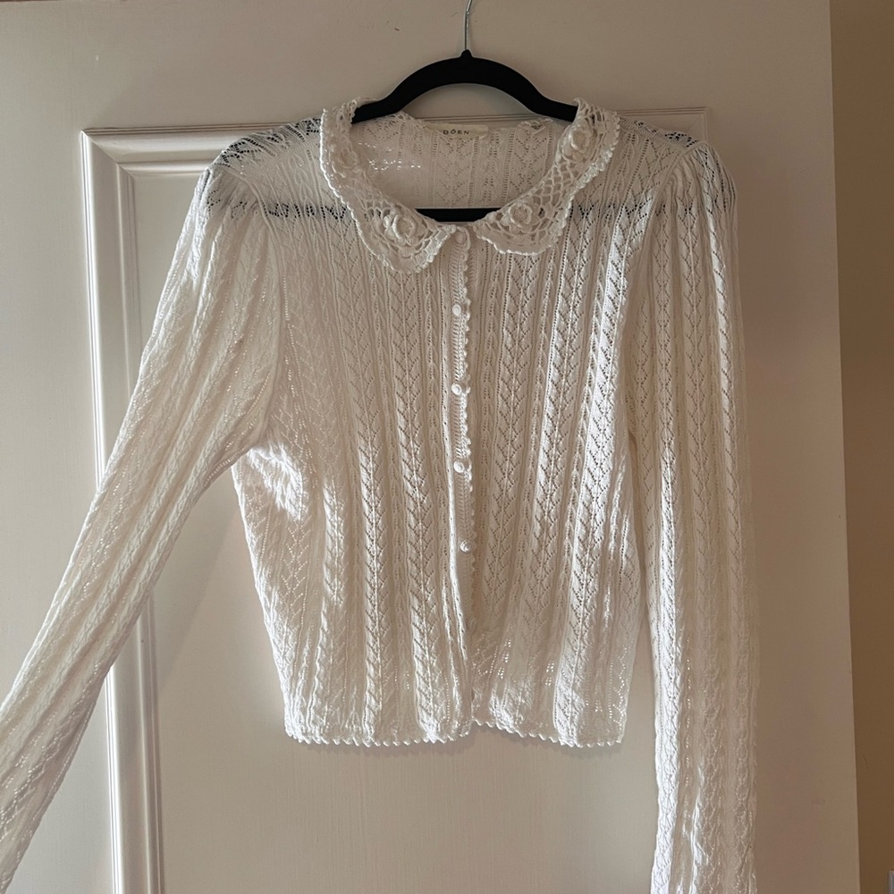 Doen White Lace Button-Down Shirt